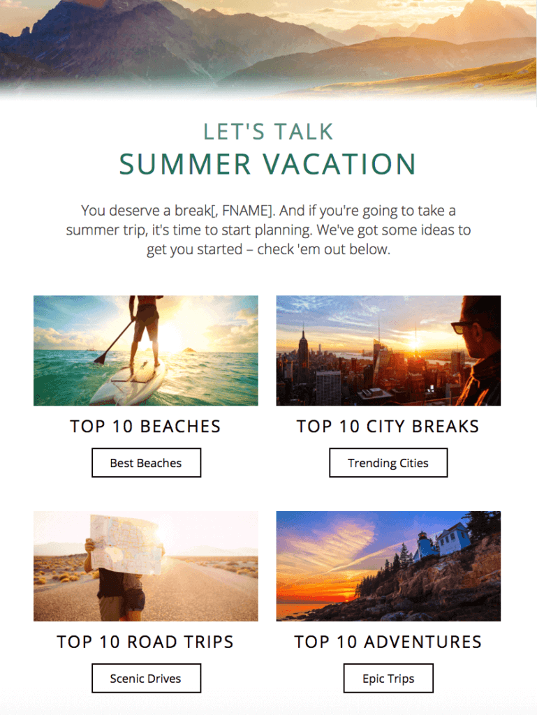 Example of targeted email content highlighting top 10 destinations based on their travel behavior