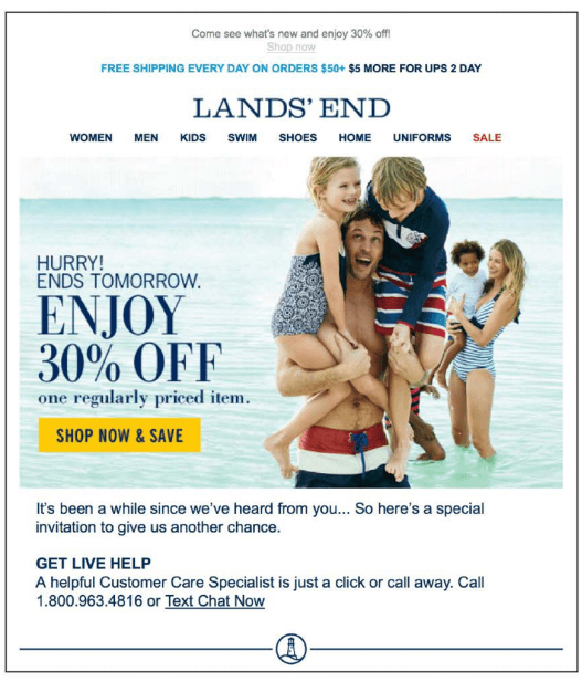 Lands' End triggered email example, reactivation, it's been awhile, 30% off