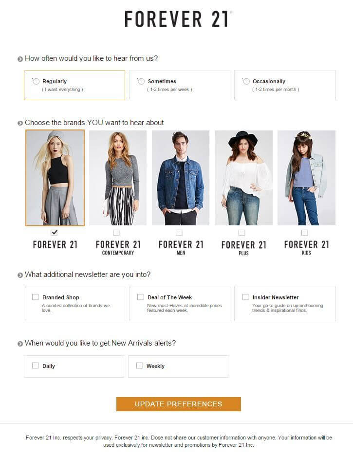 Forever21's preference center